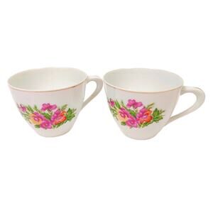 Vintage Hand Painted Porcelain Teacups Rose Pattern w Gold Trim Blue Crest Japan